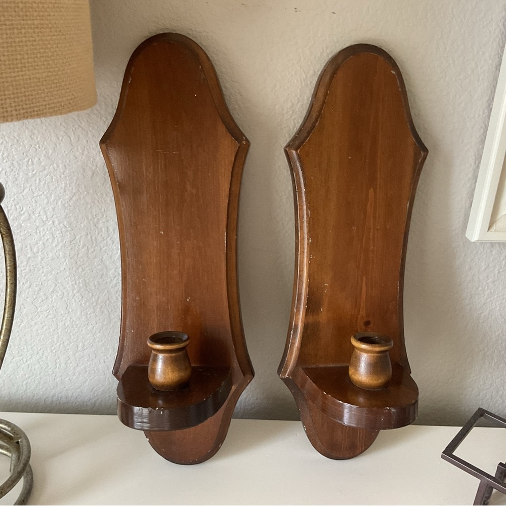 Pair of Vintage Wooden Wall Sconces in Warm Brown